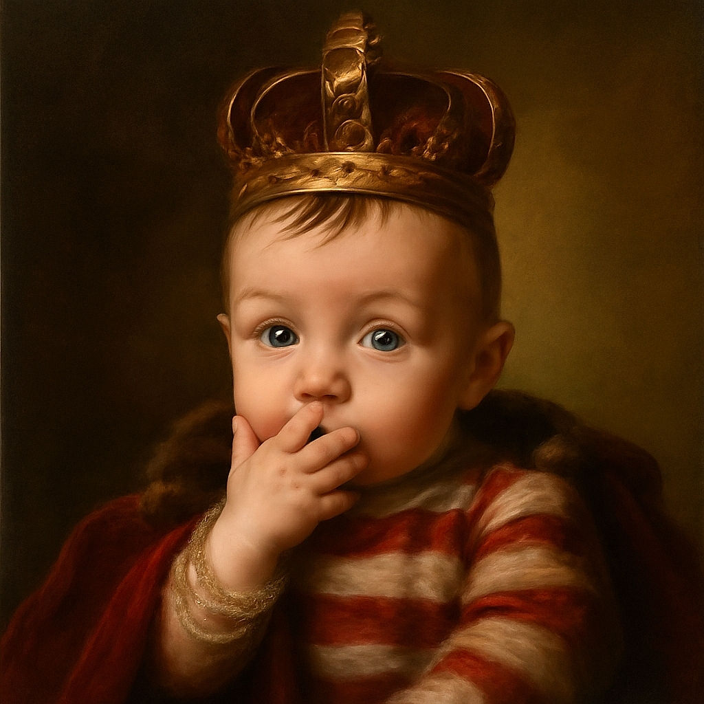 A curious baby with big, bright eyes is caught in a candid moment, fingers playfully near the nose, dressed in a colorful striped outfit, cozy against a dark blue cushion with a softly blurred background.