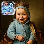 A charming baby dressed in a cozy light blue hoodie and pants sits comfortably in a stroller, clutching the fabric with tiny hands and flashing a joyful smile that could melt anyone's heart. The soft background blur highlights the baby's expressive eyes and delicate features, making this a warm and inviting portrait.