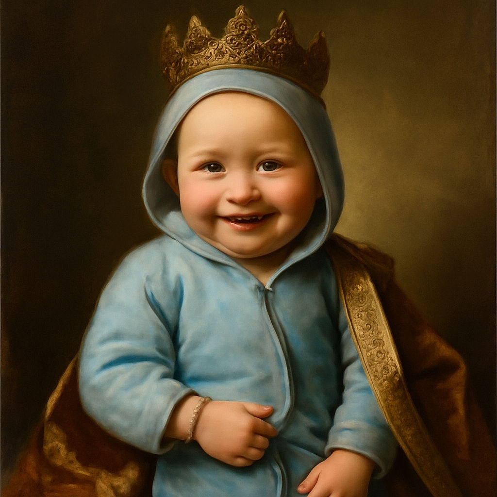 A charming baby dressed in a cozy light blue hoodie and pants sits comfortably in a stroller, clutching the fabric with tiny hands and flashing a joyful smile that could melt anyone's heart. The soft background blur highlights the baby's expressive eyes and delicate features, making this a warm and inviting portrait.