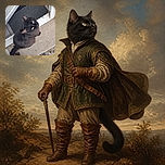 A fluffy black cat sits by the doorway, looking up with bright green eyes as if demanding entry to the household kingdom. Its tail curls dramatically across the floor like a furry question mark.