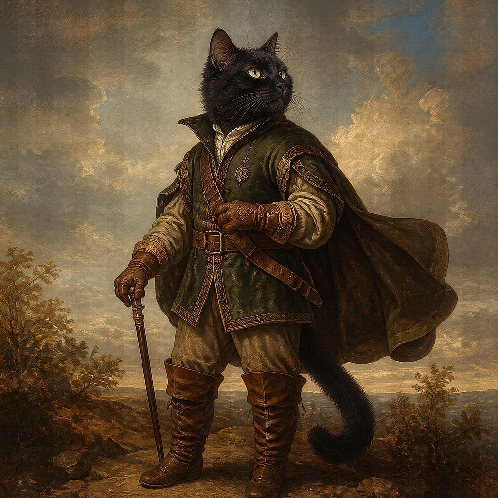 A fluffy black cat sits by the doorway, looking up with bright green eyes as if demanding entry to the household kingdom. Its tail curls dramatically across the floor like a furry question mark.