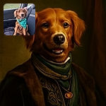 A happy golden retriever puppy wearing a green bandana with paw prints and clovers sits comfortably on a car seat, looking eagerly at the camera with a big smile, ready for an adventure.