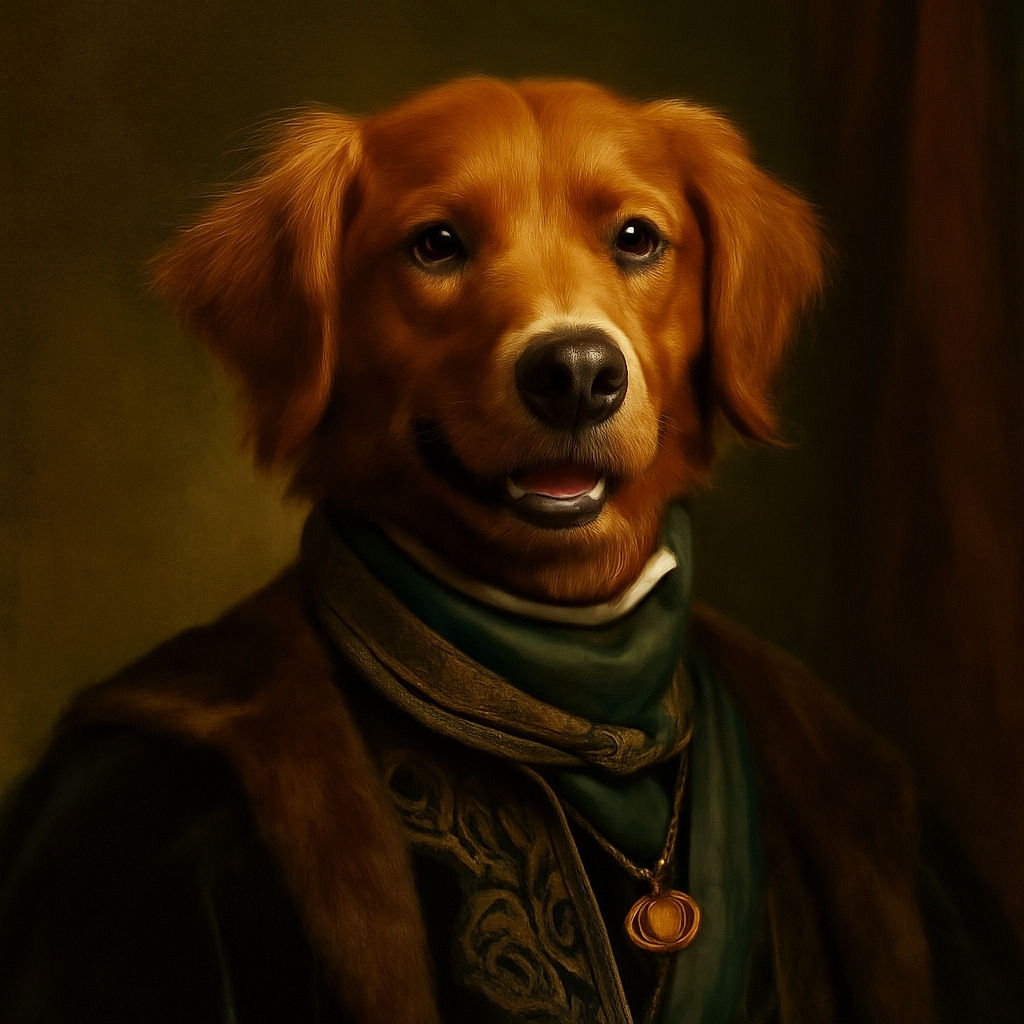 A happy golden retriever puppy wearing a green bandana with paw prints and clovers sits comfortably on a car seat, looking eagerly at the camera with a big smile, ready for an adventure.