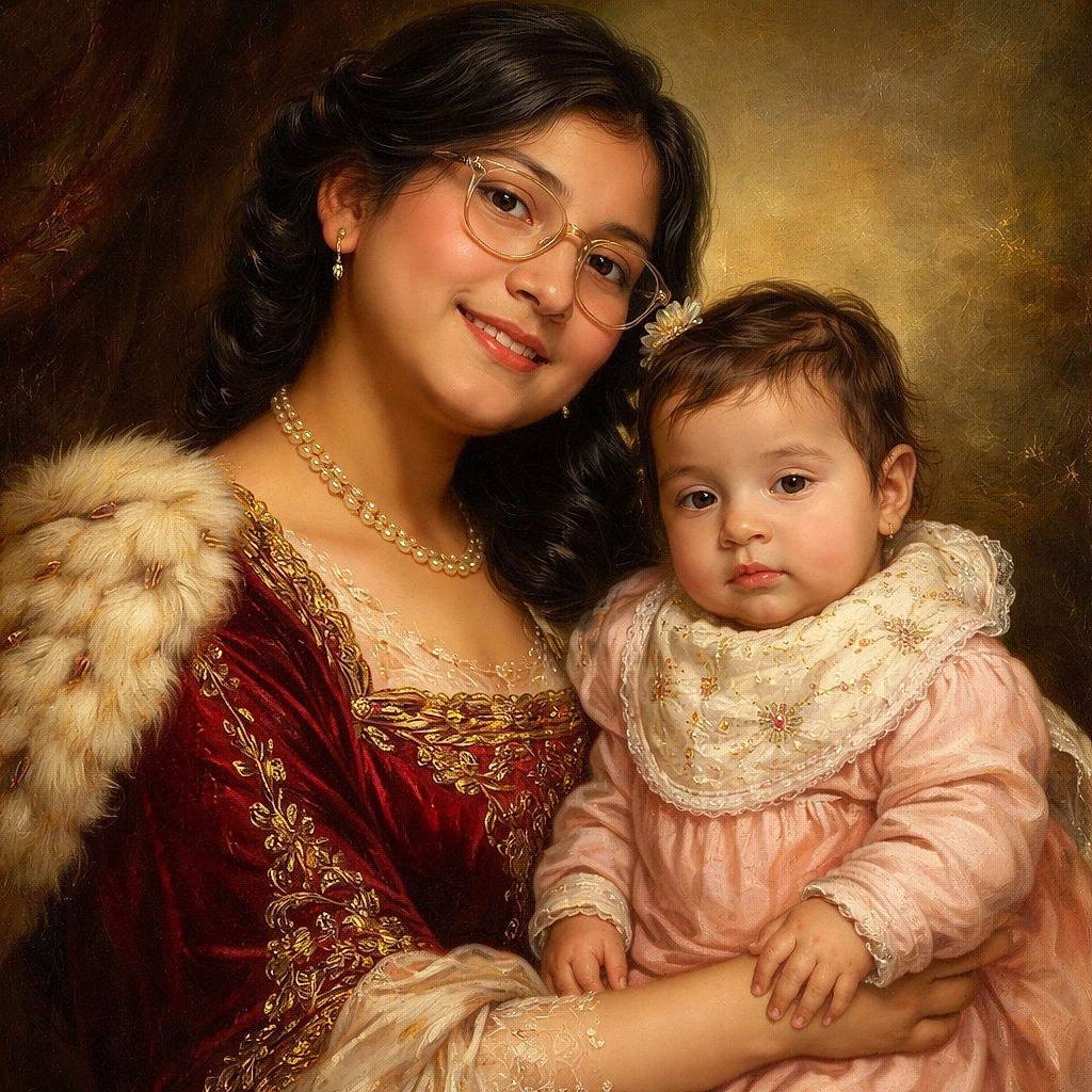A cozy indoor selfie featuring a smiling older child with glasses and a curious baby dressed in pink, surrounded by comfy furniture and baby gear, capturing a warm family moment.
