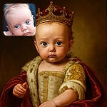 A close-up of a curious baby with big blue eyes gazing intently, tousled light hair, and a soft expression, set against a dark blurred background that makes the baby's features pop.