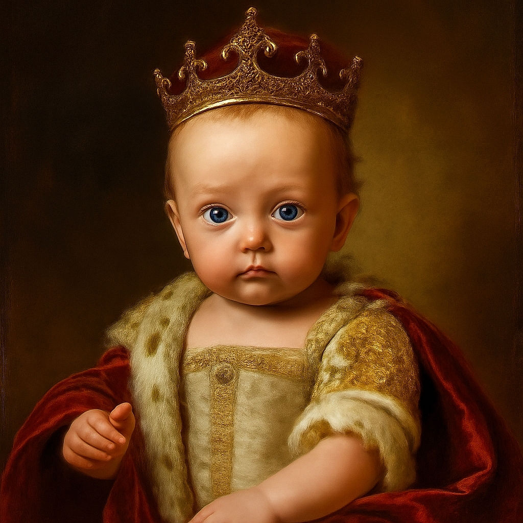 A close-up of a curious baby with big blue eyes gazing intently, tousled light hair, and a soft expression, set against a dark blurred background that makes the baby's features pop.