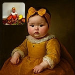 An adorable baby wearing a yellow headband peeks out from a hollowed-out pumpkin, surrounded by colorful autumn leaves and other pumpkins, creating a cozy fall-themed portrait with a soft, neutral background.