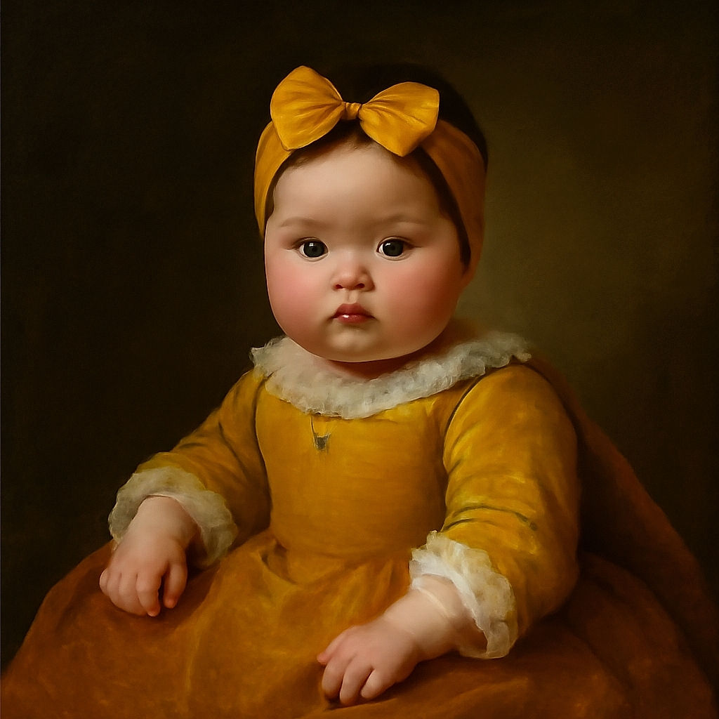 An adorable baby wearing a yellow headband peeks out from a hollowed-out pumpkin, surrounded by colorful autumn leaves and other pumpkins, creating a cozy fall-themed portrait with a soft, neutral background.