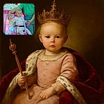 A serious-looking toddler strapped into a colorful amusement ride seat with a woman in a green shirt holding their hand, surrounded by vibrant, glowing lights and carnival decor.