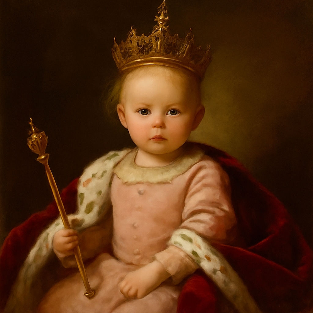 A serious-looking toddler strapped into a colorful amusement ride seat with a woman in a green shirt holding their hand, surrounded by vibrant, glowing lights and carnival decor.