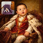 A curious baby sits comfortably on a large purple armchair with a dotted pattern, wearing a white and orange outfit, in a cozy corner with textured walls and a wooden door in the background.