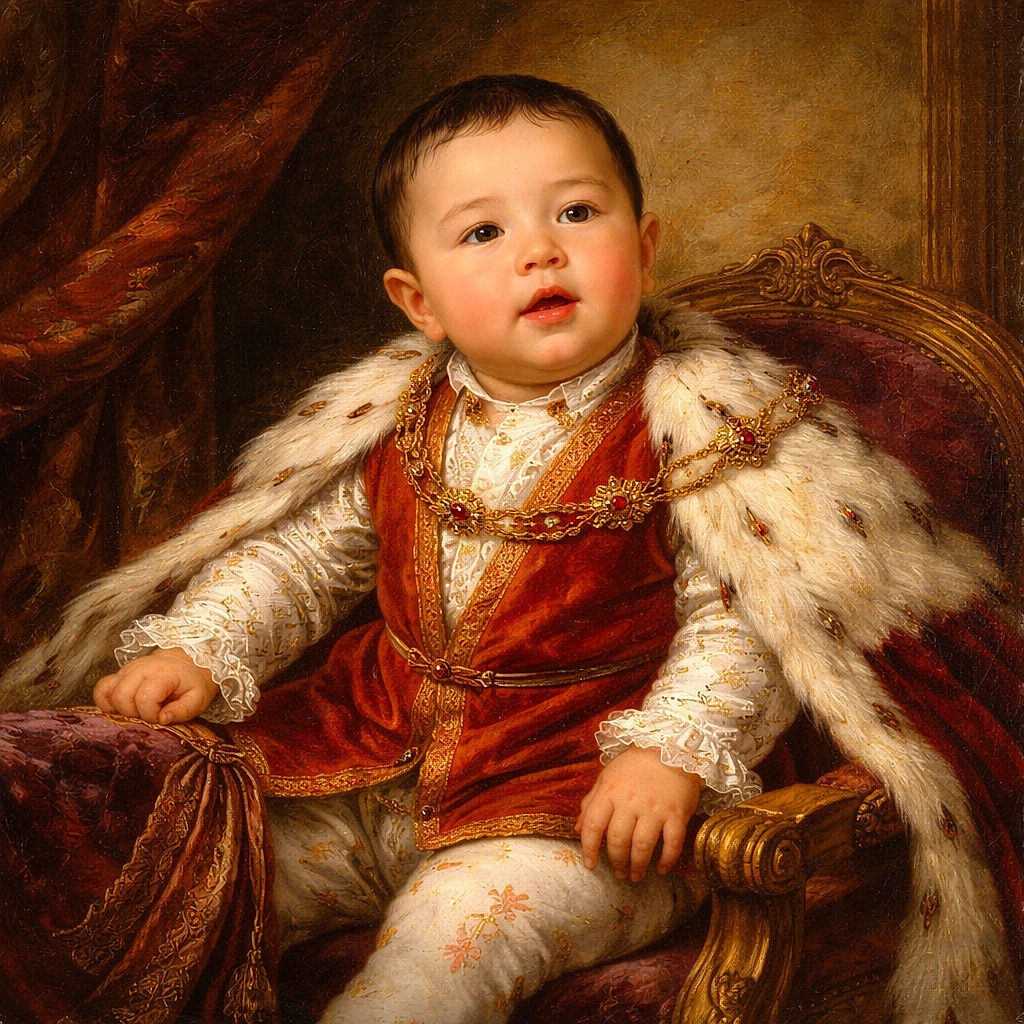 A curious baby sits comfortably on a large purple armchair with a dotted pattern, wearing a white and orange outfit, in a cozy corner with textured walls and a wooden door in the background.