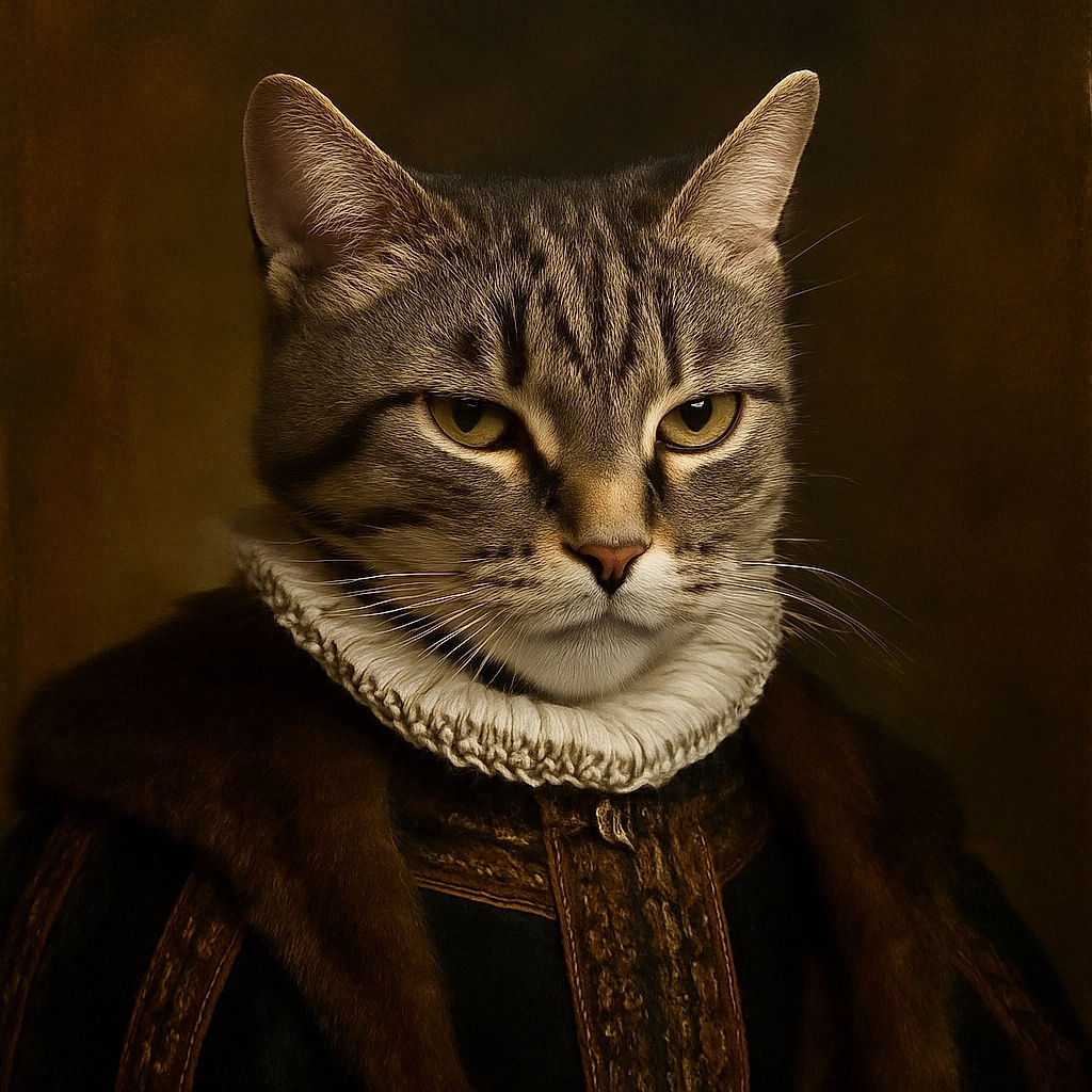 A close-up photo of a tabby cat with a slightly blurred focus and an intense stare, with a patterned tablecloth and some objects in the background, creating a casual and candid moment.