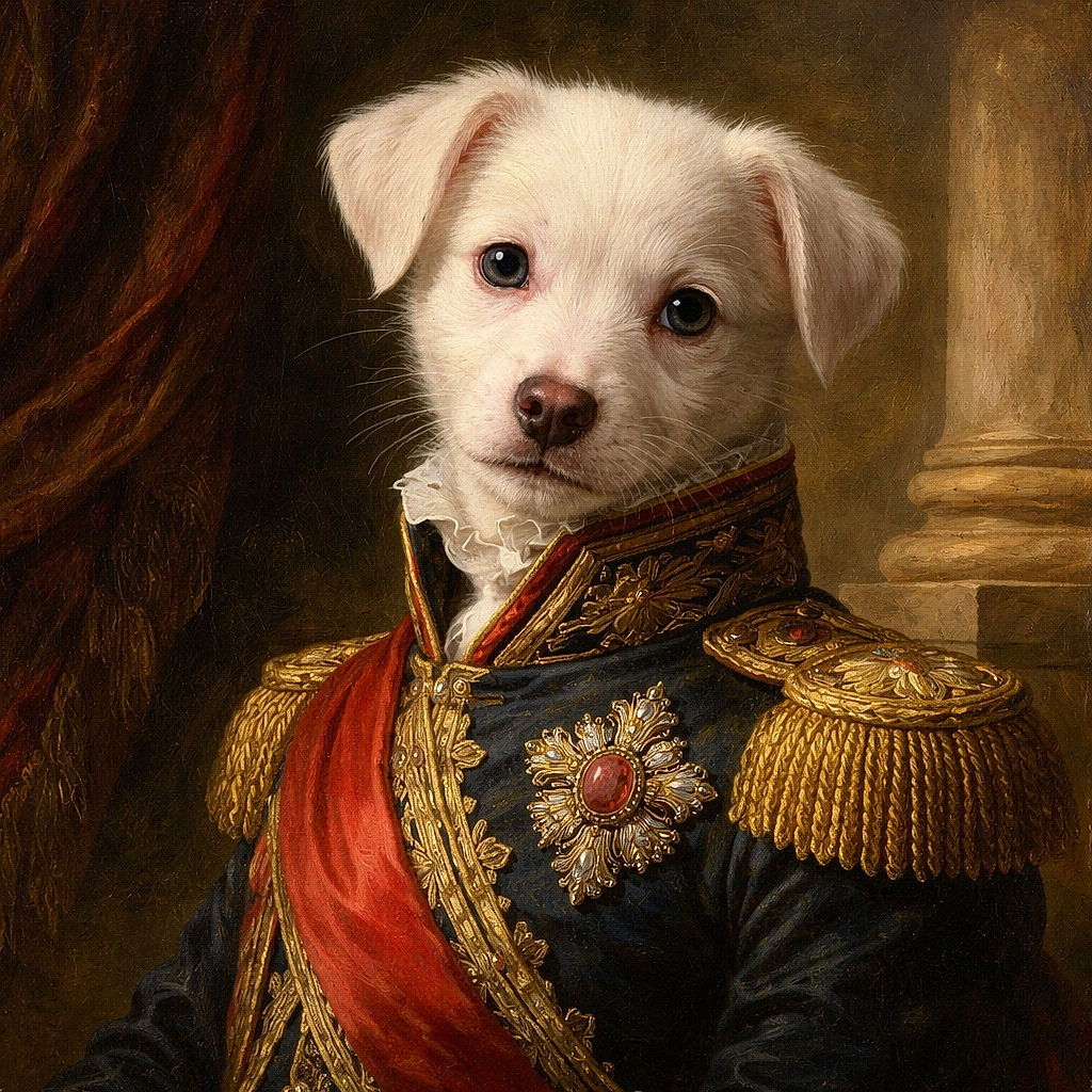 A tiny white puppy with blue eyes is intently gnawing a chewy treat like it's solving the mysteries of the universe — paws clutching the prize, one ear flopped, all staged on a blue patterned blanket on a chair. Background shows a cozy indoor corner with a wooden armrest and household items, while the pup gives the camera a soulful, slightly guilty look.
