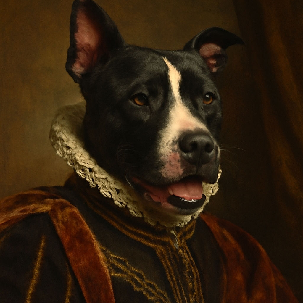 A happy black and white dog with a big smile and tongue out is enjoying a sunny day outdoors, with a slightly blurred background of pavement and metal railings.
