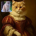 A fluffy cream-colored cat sits majestically on a textured surface outdoors, surrounded by lush greenery and a wooden post, looking slightly unimpressed but regal.