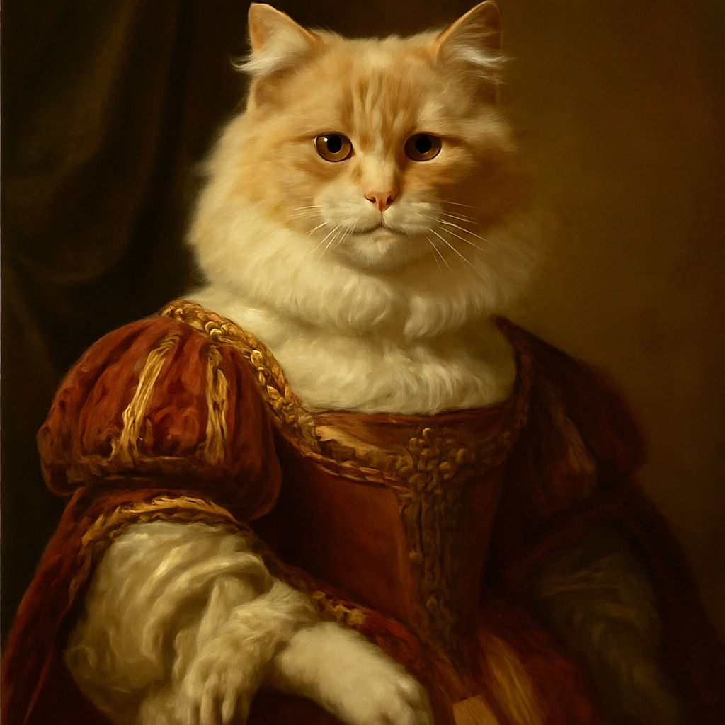 A fluffy cream-colored cat sits majestically on a textured surface outdoors, surrounded by lush greenery and a wooden post, looking slightly unimpressed but regal.