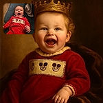 A joyful baby in a bright red outfit featuring classic cartoon characters is captured mid-laugh, lying comfortably on a teal couch with a cozy blanket nearby, radiating pure happiness and holiday cheer.