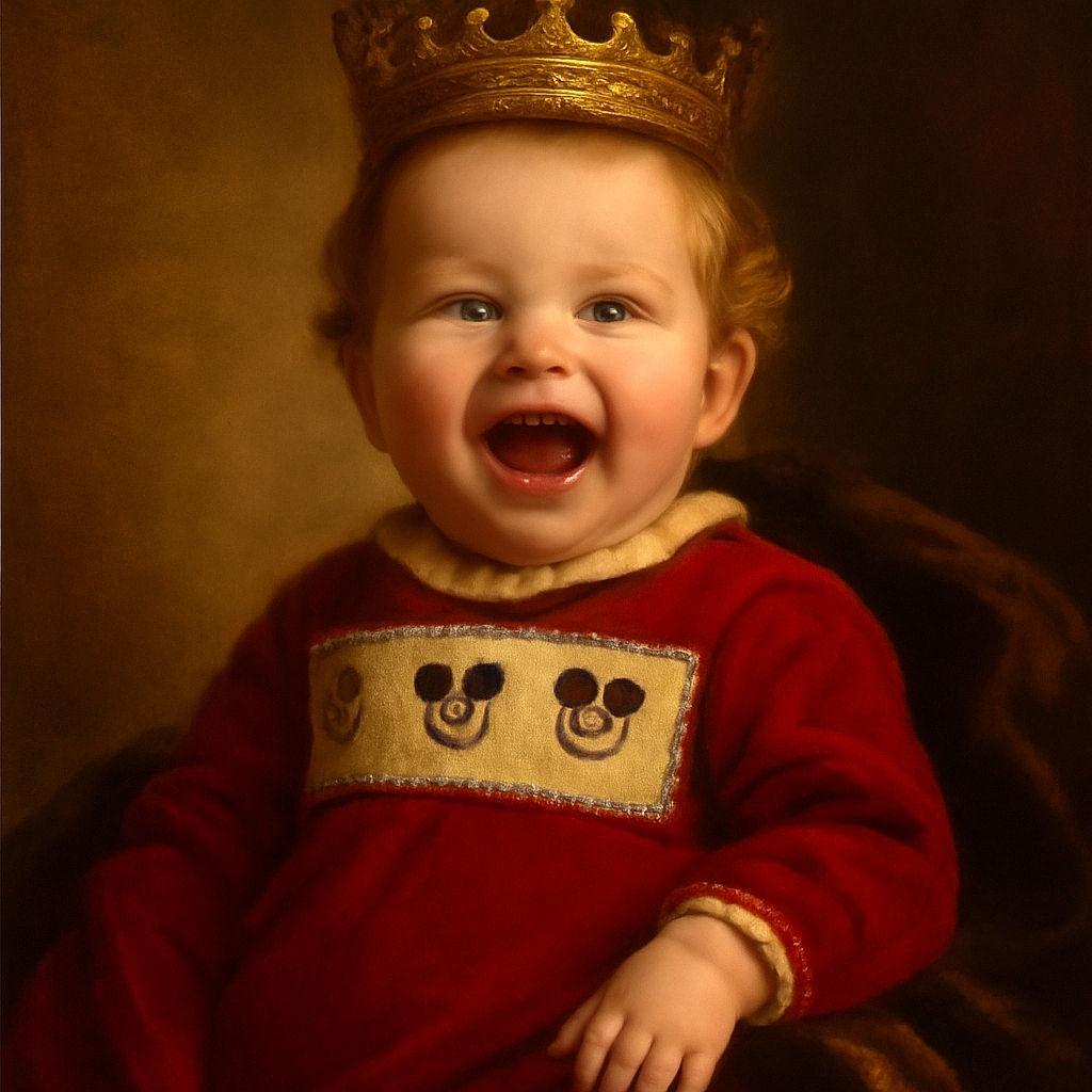 A joyful baby in a bright red outfit featuring classic cartoon characters is captured mid-laugh, lying comfortably on a teal couch with a cozy blanket nearby, radiating pure happiness and holiday cheer.