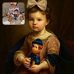 A cute toddler with a sparkly pink bow on her head is deeply focused on holding a colorful Paw Patrol toy, sitting on a soft blanket against a plain brick wall background.