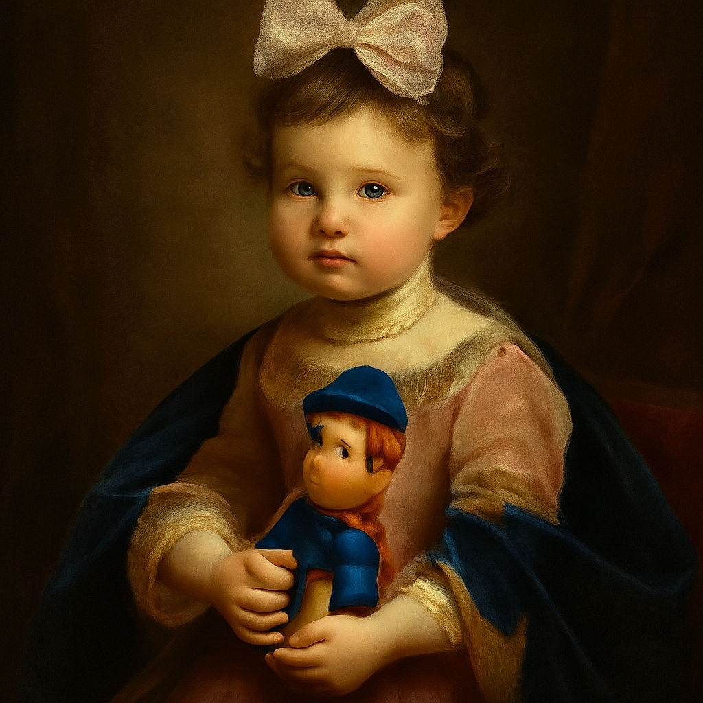 A cute toddler with a sparkly pink bow on her head is deeply focused on holding a colorful Paw Patrol toy, sitting on a soft blanket against a plain brick wall background.