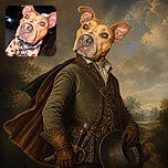 A wide-eyed dog leans dramatically into the camera, looking like it just heard the world's most suspicious snack wrapper. Its giant nose, wonderfully floppy ears, festive pumpkin-patterned outfit, and shiny collar steal the spotlight against the dark background.