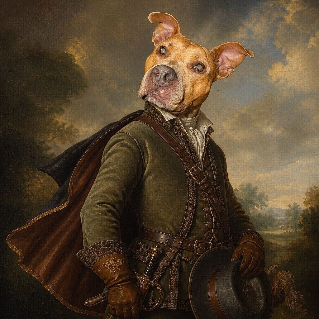 A wide-eyed dog leans dramatically into the camera, looking like it just heard the world's most suspicious snack wrapper. Its giant nose, wonderfully floppy ears, festive pumpkin-patterned outfit, and shiny collar steal the spotlight against the dark background.