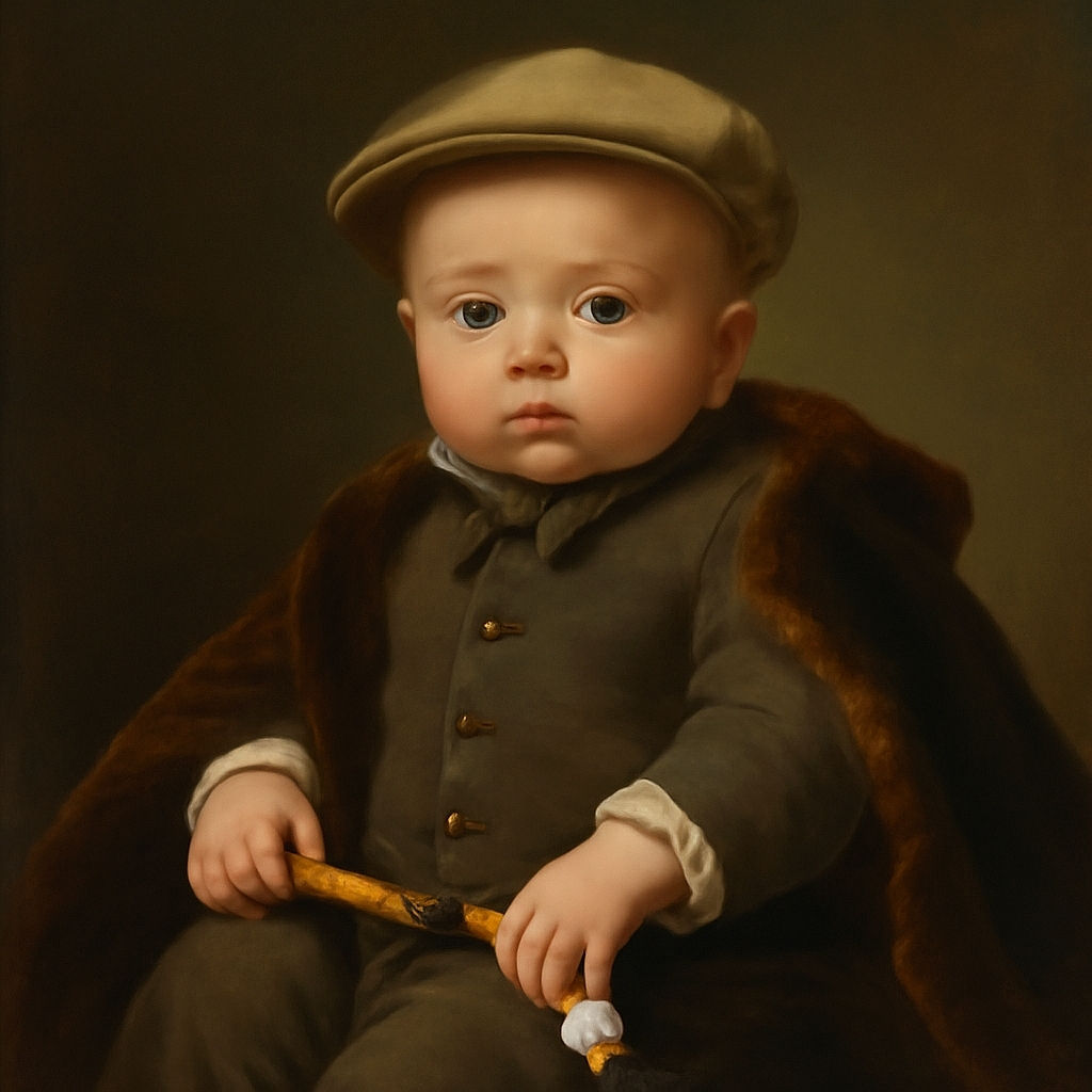A charming baby dressed to impress in a tiny vest, bow tie, and cap, looking curiously at the camera while clutching a colorful toy, sitting comfortably against a red background with a cozy vibe.