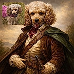 A charming curly-haired dog sporting a stylish purple quilted jacket stands happily in a grassy field, looking ready for an autumn stroll with a joyful expression and a hint of mischief.