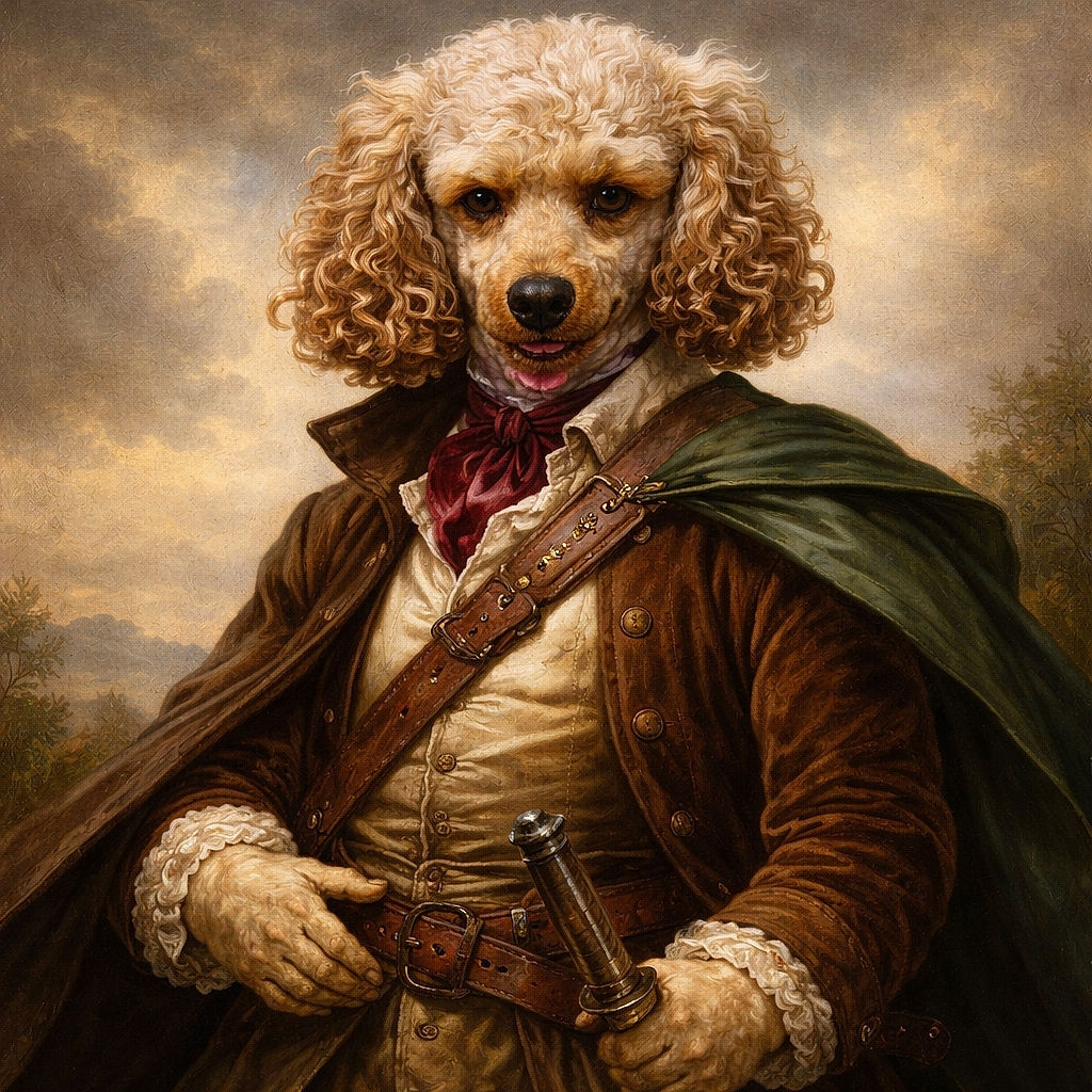 A charming curly-haired dog sporting a stylish purple quilted jacket stands happily in a grassy field, looking ready for an autumn stroll with a joyful expression and a hint of mischief.