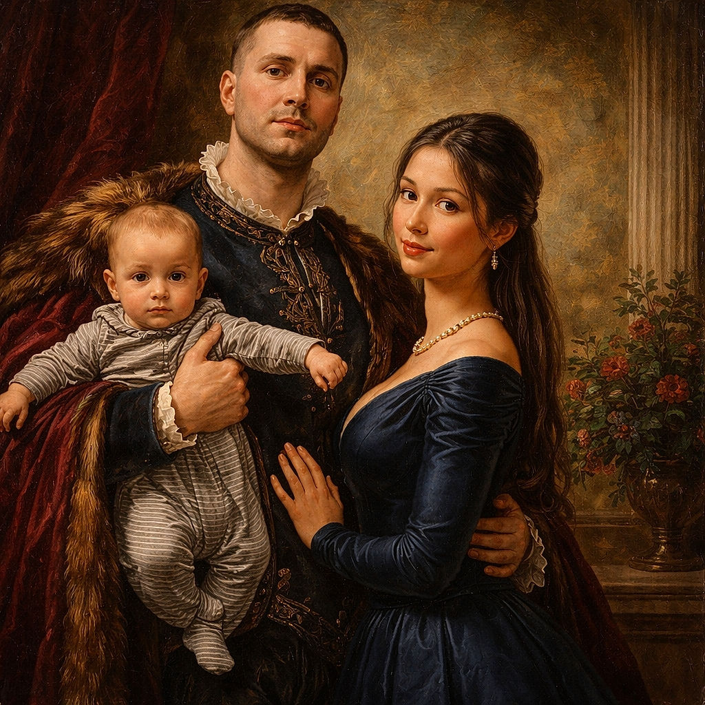 A golden‑hour family snapshot on a wooden deck: dad holds a wide‑eyed baby like a tiny passport photo, mom leans in with a knowing smile, and the trees behind them are doing their best cinematic sunset impression.