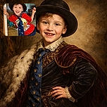A cheerful young boy dressed in a playful Tom and Jerry 'chill' t-shirt, oversized tie, and a big hat strikes a fun pose by a doorframe inside a cozy, lived-in home with wooden furniture and toys scattered on the floor.