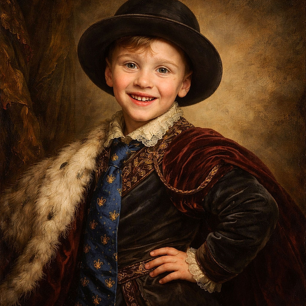 A cheerful young boy dressed in a playful Tom and Jerry 'chill' t-shirt, oversized tie, and a big hat strikes a fun pose by a doorframe inside a cozy, lived-in home with wooden furniture and toys scattered on the floor.