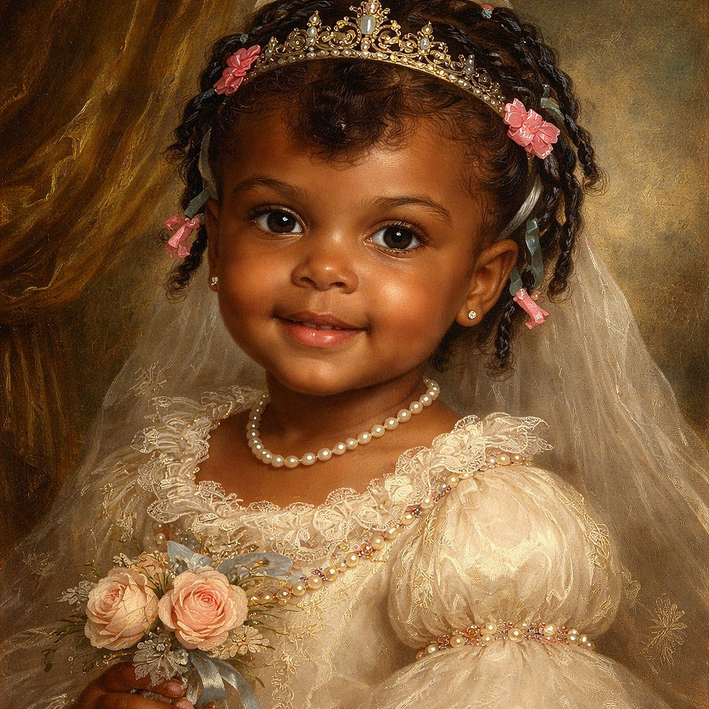 A charming vintage close-up of a smiling little girl with braided hair and colorful ribbon bows, big curious eyes and a tiny toothy grin — the kind of portrait that looks like it was scanned from a beloved family album (complete with film grain, scratches and a few specks). She appears to be plotting to charm everyone into giving her dessert.