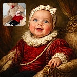 A chubby-cheeked baby in a bright red sweater lounges like royalty against an enormous teddy bear — tiny polka-dot bow, curious grin, and socks clearly plotting cuddle domination.