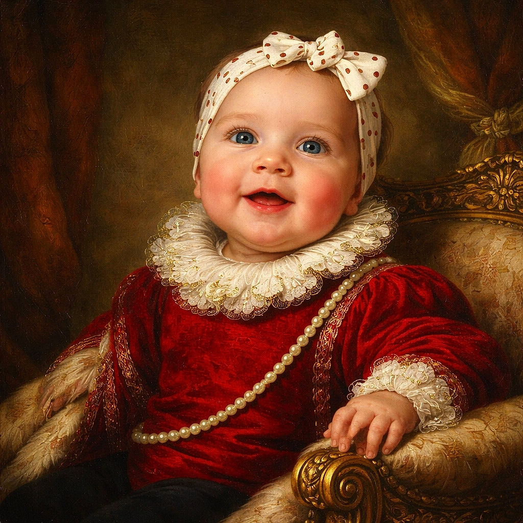 A chubby-cheeked baby in a bright red sweater lounges like royalty against an enormous teddy bear — tiny polka-dot bow, curious grin, and socks clearly plotting cuddle domination.