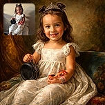 A cheerful toddler with two cute hair buns is sitting on a round ottoman, holding a small black purse and bright orange sunglasses, flashing an adorable smile against a plain beige wall.