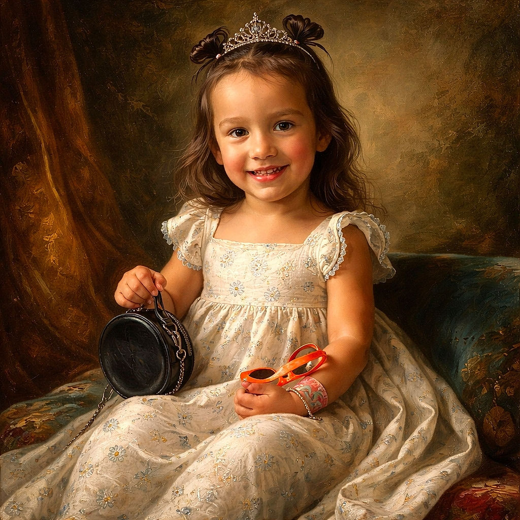 A cheerful toddler with two cute hair buns is sitting on a round ottoman, holding a small black purse and bright orange sunglasses, flashing an adorable smile against a plain beige wall.