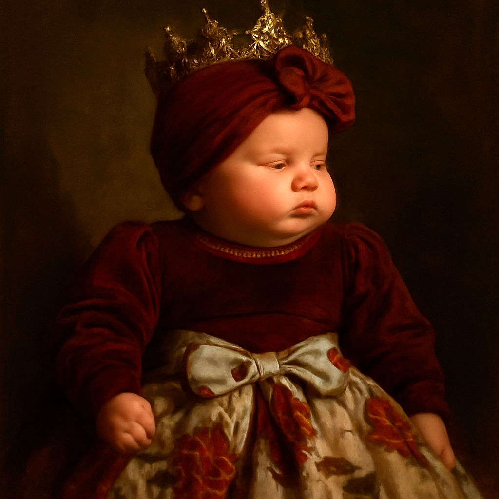 A peacefully sleeping baby dressed in a burgundy outfit with a matching headband, lying on a soft white blanket. The baby wears a floral skirt with a big bow, and a pink pacifier lies nearby, adding a touch of sweetness to the serene scene.