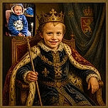 A cheerful child in a cozy blue hooded jacket sits proudly in a workshop chair, looking ready to supervise the tools while keeping both hands neatly folded like a tiny foreman. The image is photographed from a screen, adding dark borders and a slightly retro glow.