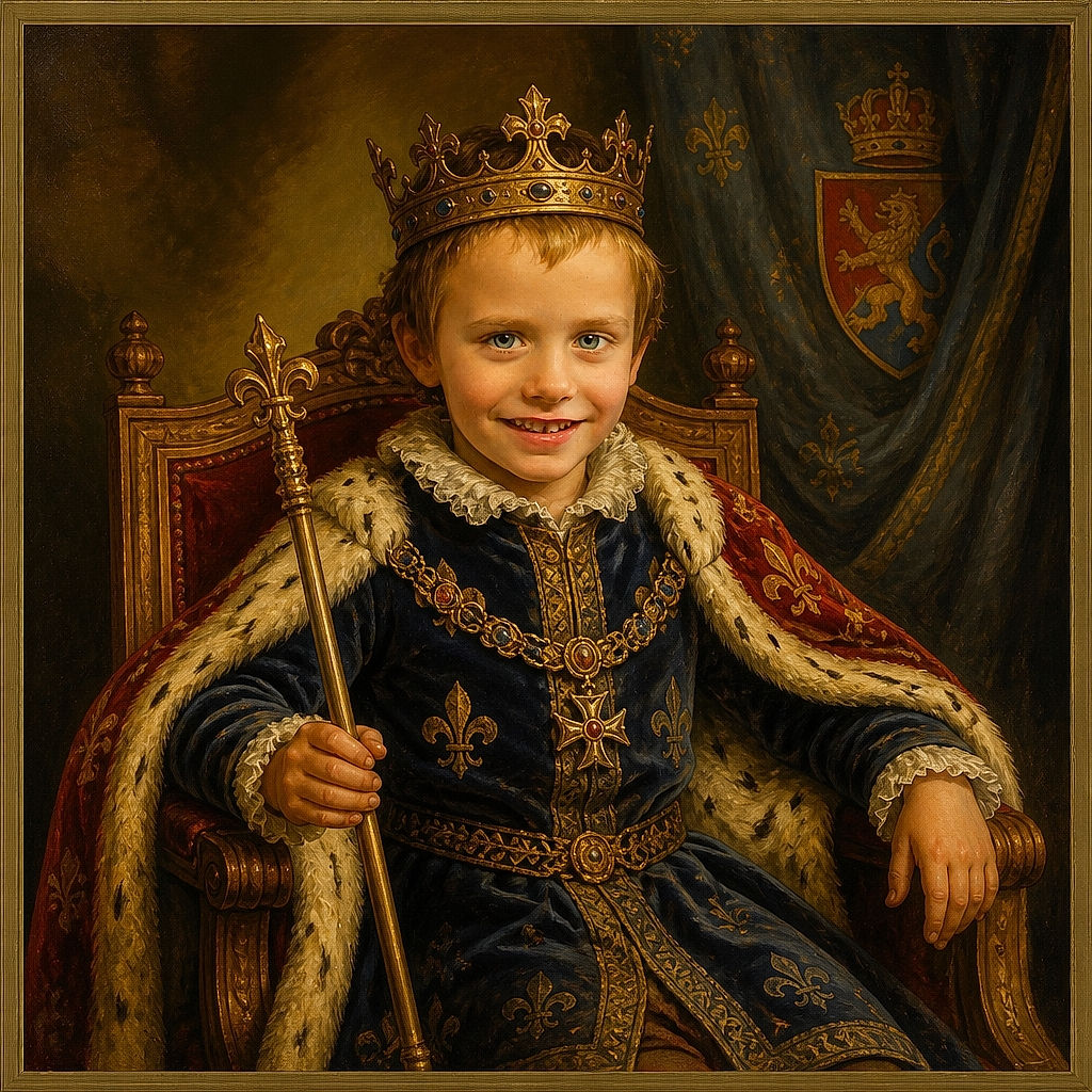A cheerful child in a cozy blue hooded jacket sits proudly in a workshop chair, looking ready to supervise the tools while keeping both hands neatly folded like a tiny foreman. The image is photographed from a screen, adding dark borders and a slightly retro glow.