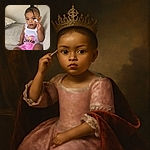A cute toddler sits comfortably on a beige couch, wearing a white tank top with 'Queen' written on it in glittery gold and pink plaid shorts. The child is holding a small white object near their face, with a single braid hanging down, looking curiously at the camera in a cozy home setting.