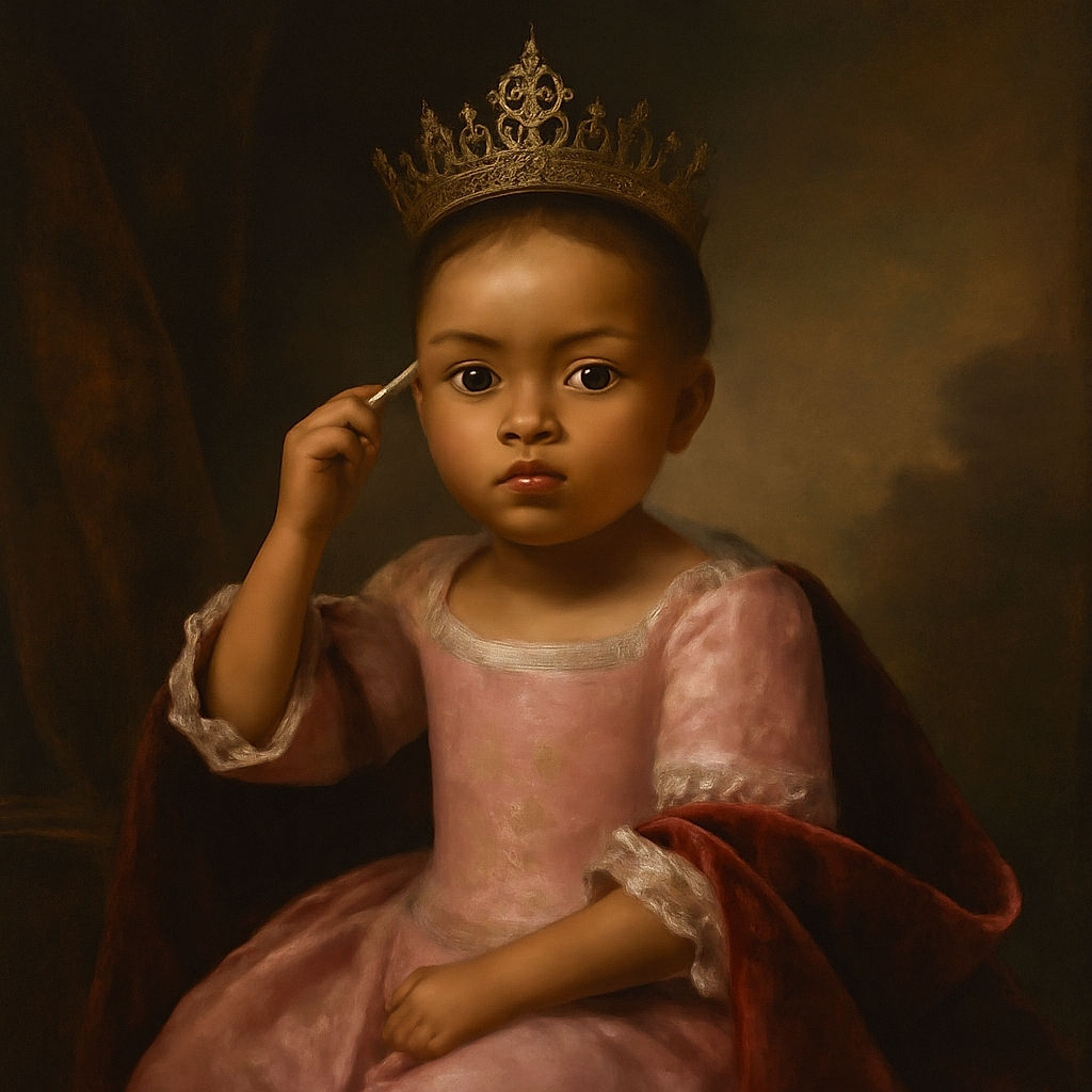 A cute toddler sits comfortably on a beige couch, wearing a white tank top with 'Queen' written on it in glittery gold and pink plaid shorts. The child is holding a small white object near their face, with a single braid hanging down, looking curiously at the camera in a cozy home setting.