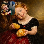 A cheerful toddler with red hair is sitting in a green high chair, happily holding and munching on two pieces of bread. The child is tilting their head adorably with a big smile, wearing a black and white top with a red bow and a red skirt. In the background, there are adults seated at a table with food and drinks, creating a cozy and lively restaurant atmosphere.
