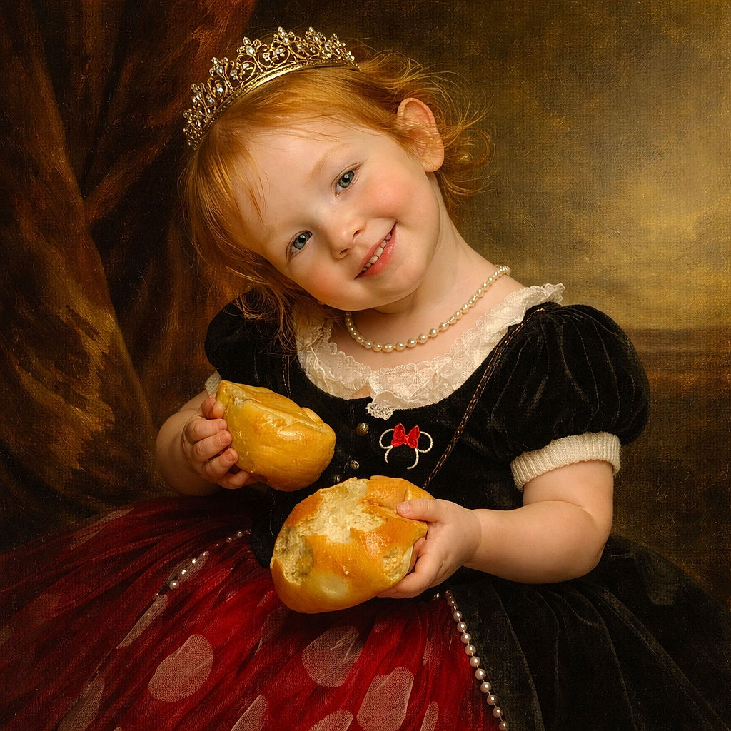 A cheerful toddler with red hair is sitting in a green high chair, happily holding and munching on two pieces of bread. The child is tilting their head adorably with a big smile, wearing a black and white top with a red bow and a red skirt. In the background, there are adults seated at a table with food and drinks, creating a cozy and lively restaurant atmosphere.