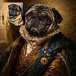 A charming pug with soulful eyes sits on a couch, looking like it just heard the word 'treat'. The cozy indoor setting with soft lighting highlights the dog's adorable wrinkles and plush fur, while a bright pink slipper peeks out beside it adding a splash of unexpected color.