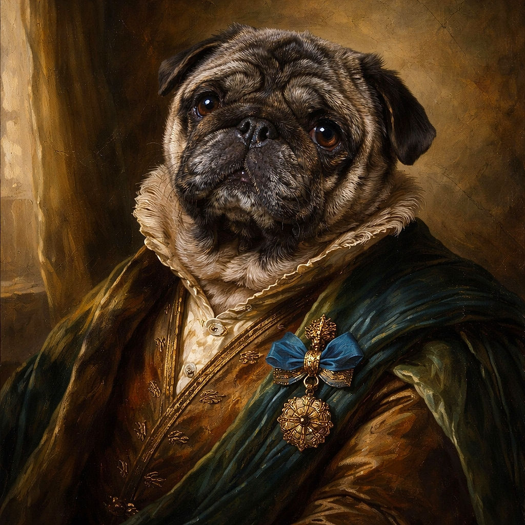 A charming pug with soulful eyes sits on a couch, looking like it just heard the word 'treat'. The cozy indoor setting with soft lighting highlights the dog's adorable wrinkles and plush fur, while a bright pink slipper peeks out beside it adding a splash of unexpected color.