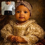 A cute baby with big curious eyes lies on a white blanket, wearing a leopard print headband and stylish black pants with tiny buttons, looking straight into the camera as if ready to conquer the world.