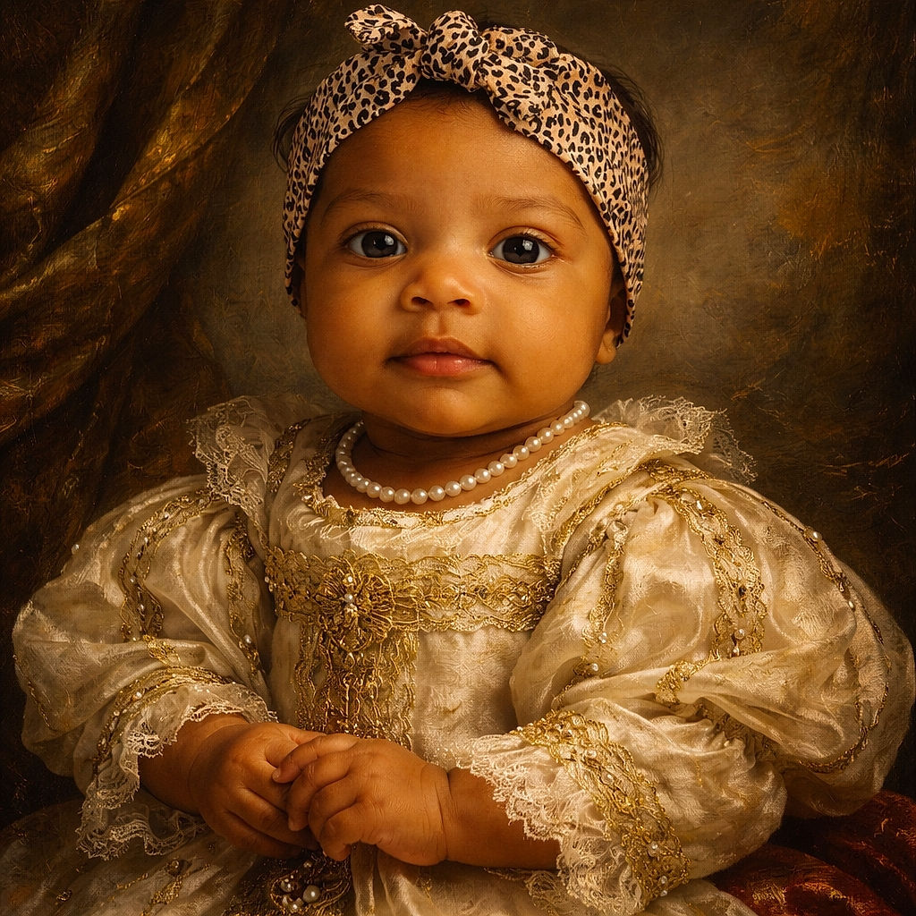 A cute baby with big curious eyes lies on a white blanket, wearing a leopard print headband and stylish black pants with tiny buttons, looking straight into the camera as if ready to conquer the world.