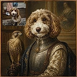 A curly-haired pup sits proudly on the patterned rug, gazing into the camera like a tiny, fluffy professor who has just discovered that the slippers and backpacks are evidence in a very serious household investigation.